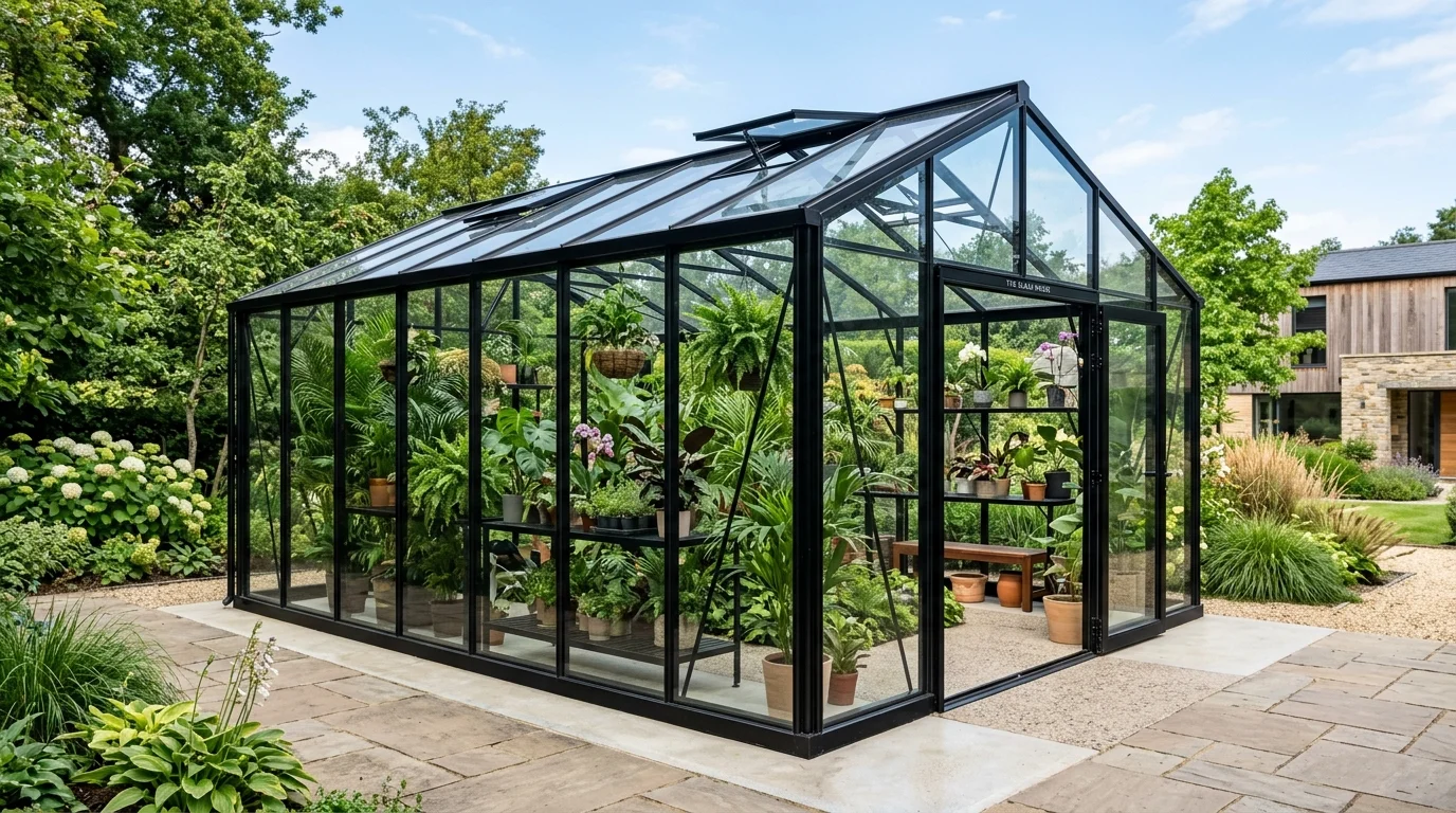A modern glass greenhouse with clean architectural lines.