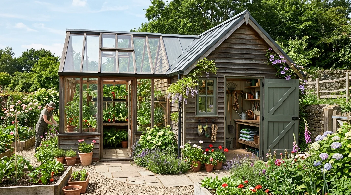 A garden shed greenhouse combo with storage.