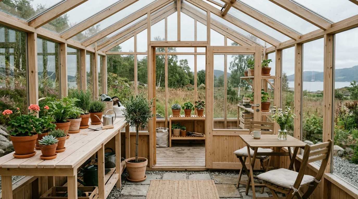 A minimalist Scandinavian greenhouse with clean styling.