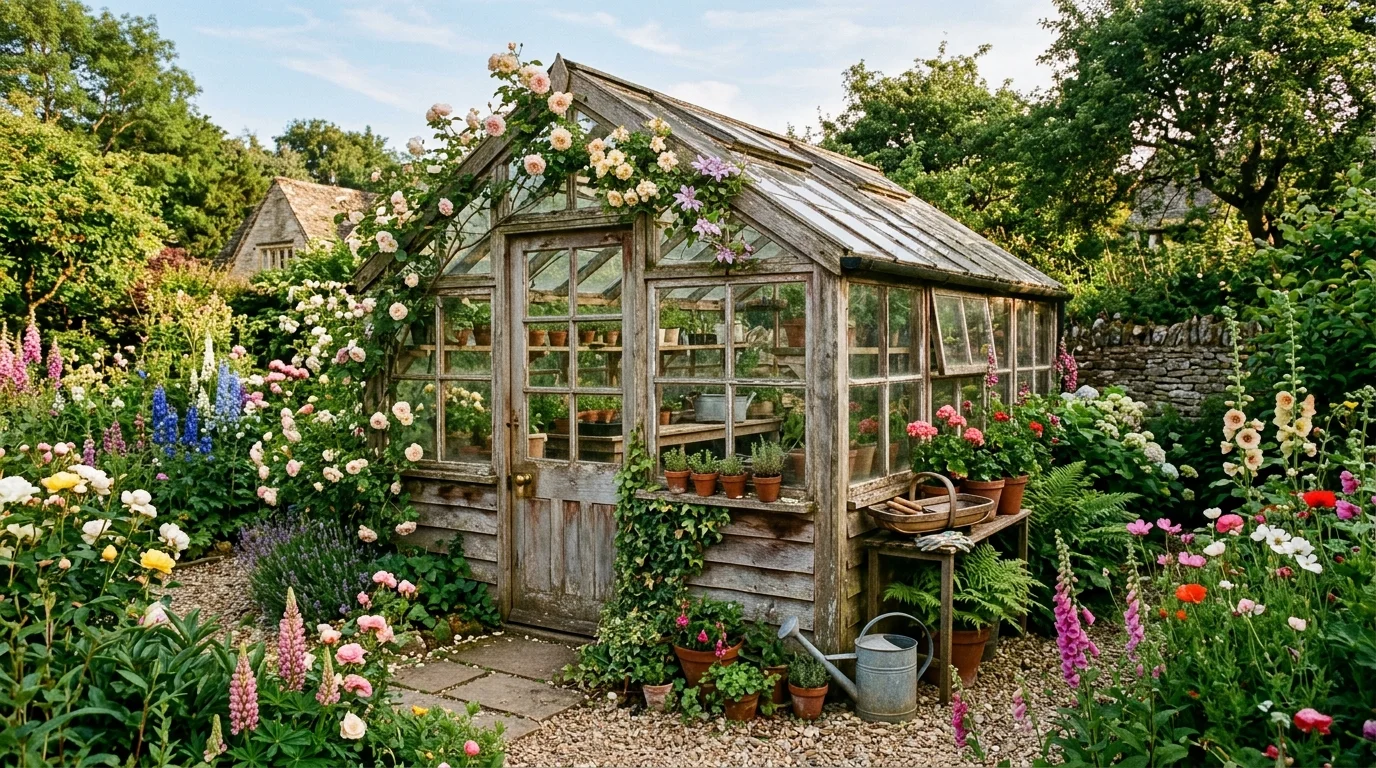 A rustic wooden greenhouse with natural character.