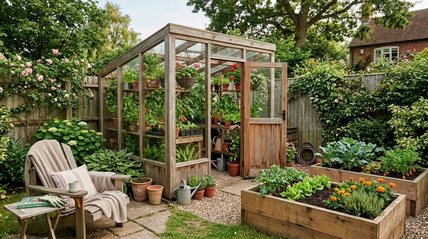 A small backyard greenhouse designed for compact spaces.