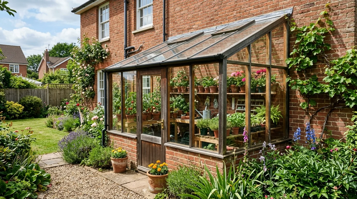 A lean-to greenhouse attached to a home wall.
