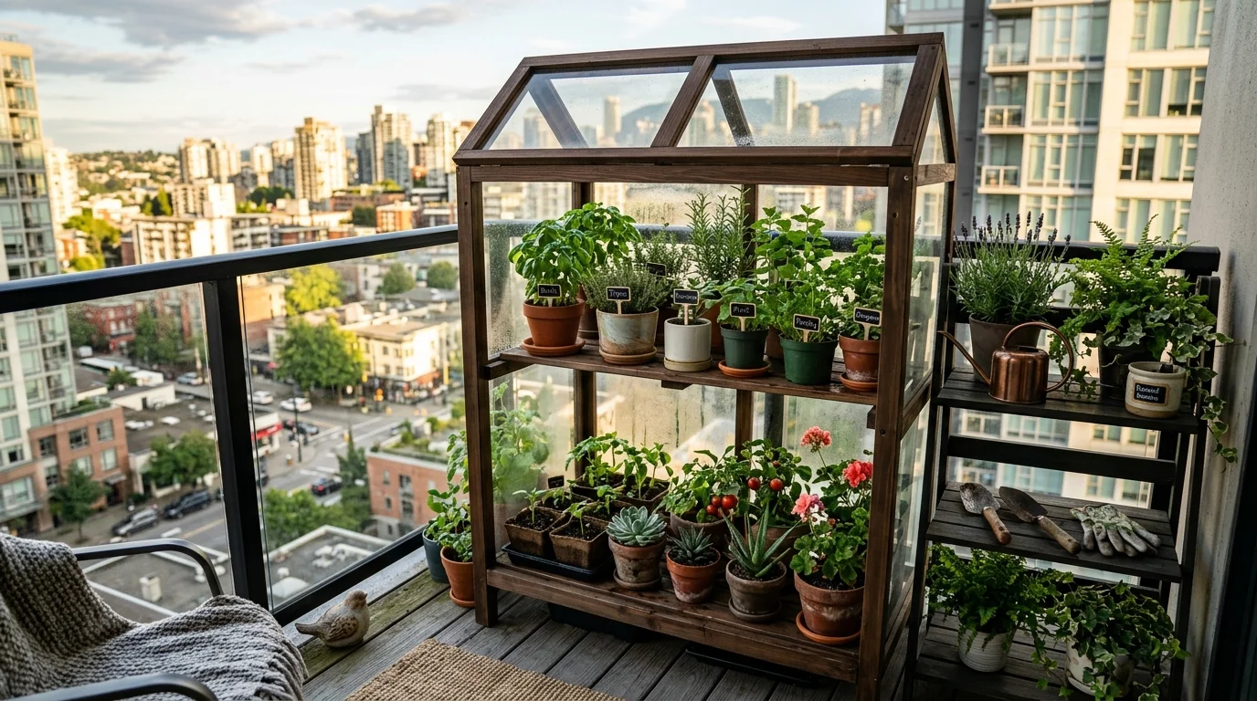 A mini balcony greenhouse for small spaces.