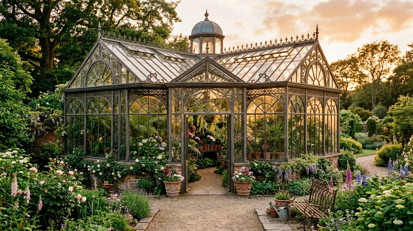 A vintage Victorian greenhouse with classic details.