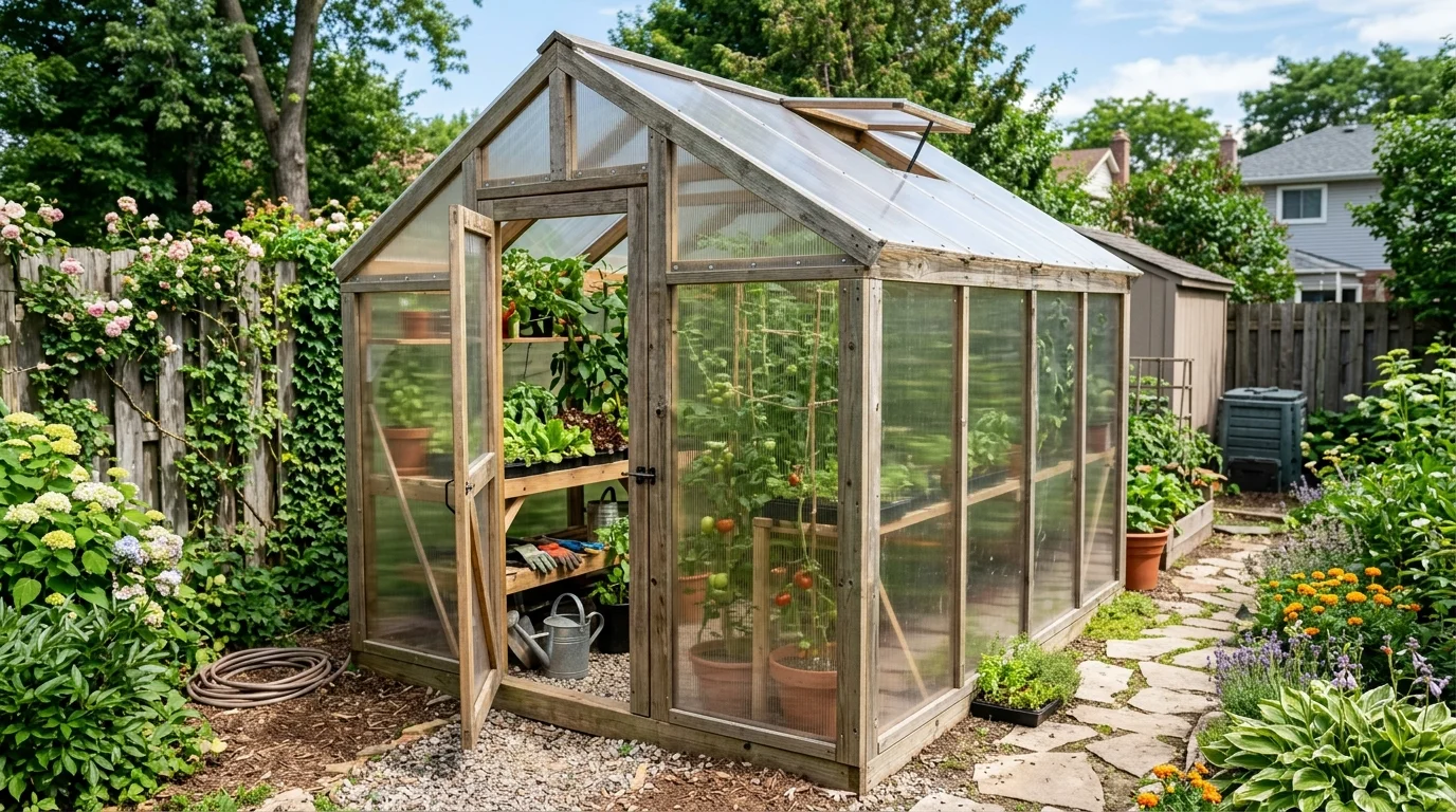 A DIY polycarbonate greenhouse with functional design.
