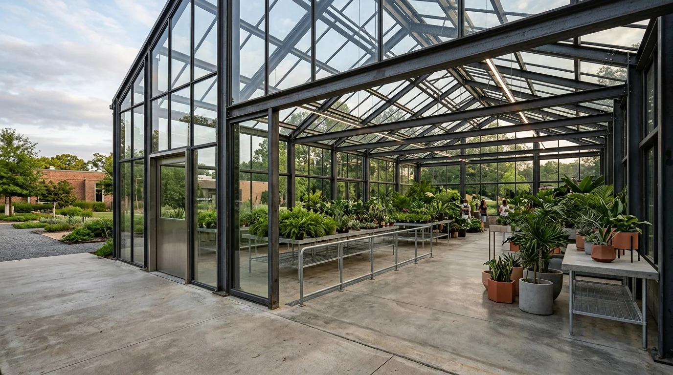An industrial style greenhouse with metal framing.