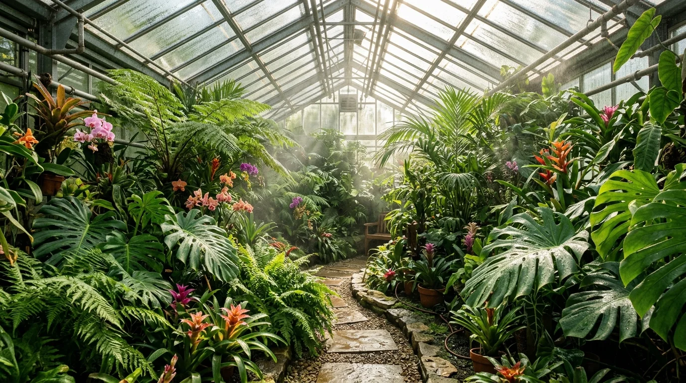 A tropical greenhouse oasis filled with lush greenery.