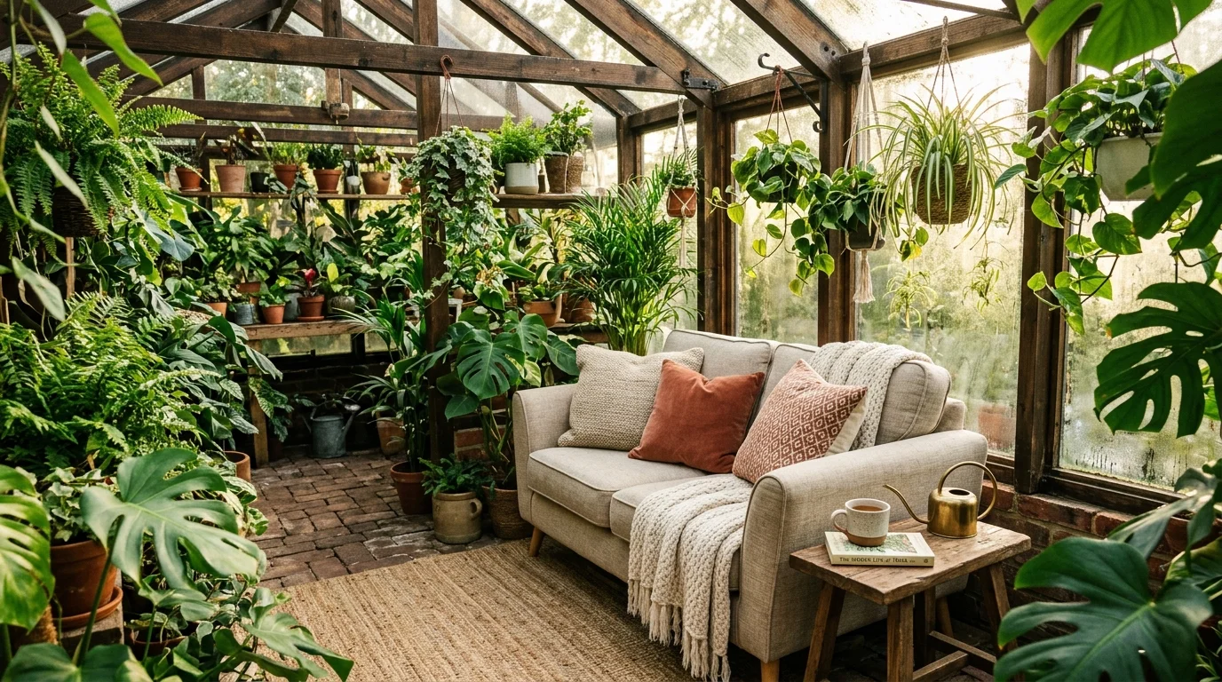 A lounge seating area inside a cozy greenhouse.