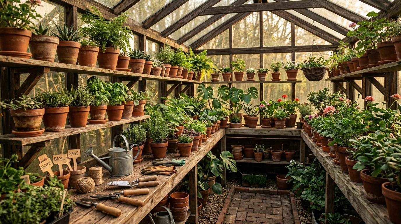 A rustic wooden interior creating warmth in a greenhouse.
