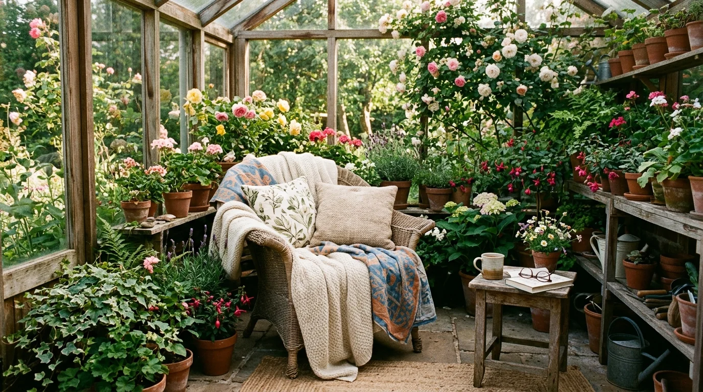 A floral relaxation corner inside a cozy greenhouse.