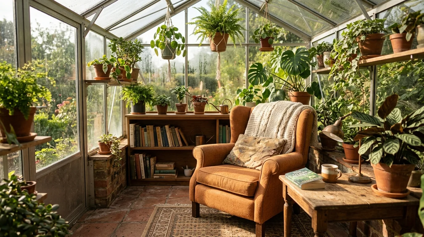 A sun-filled reading nook in a greenhouse.