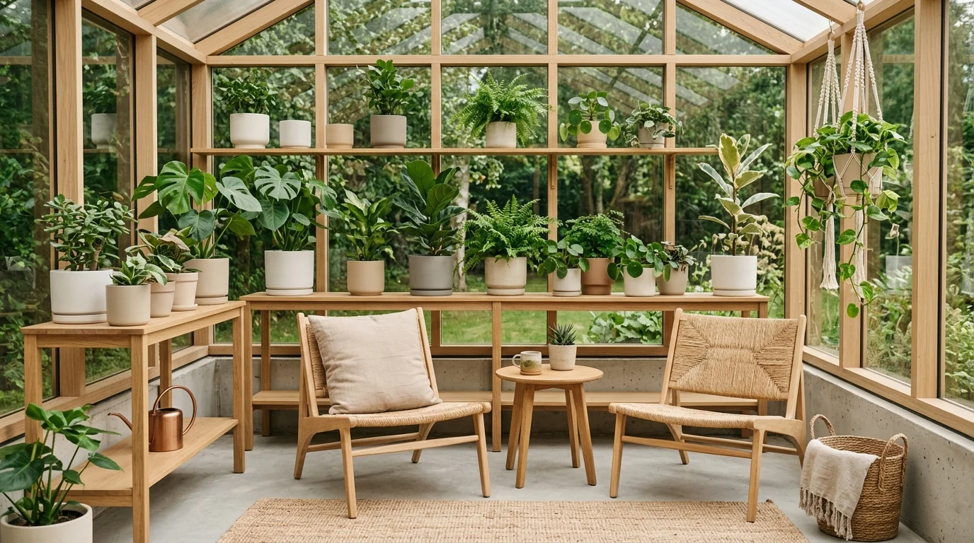 A minimalist cozy greenhouse with clean lines.
