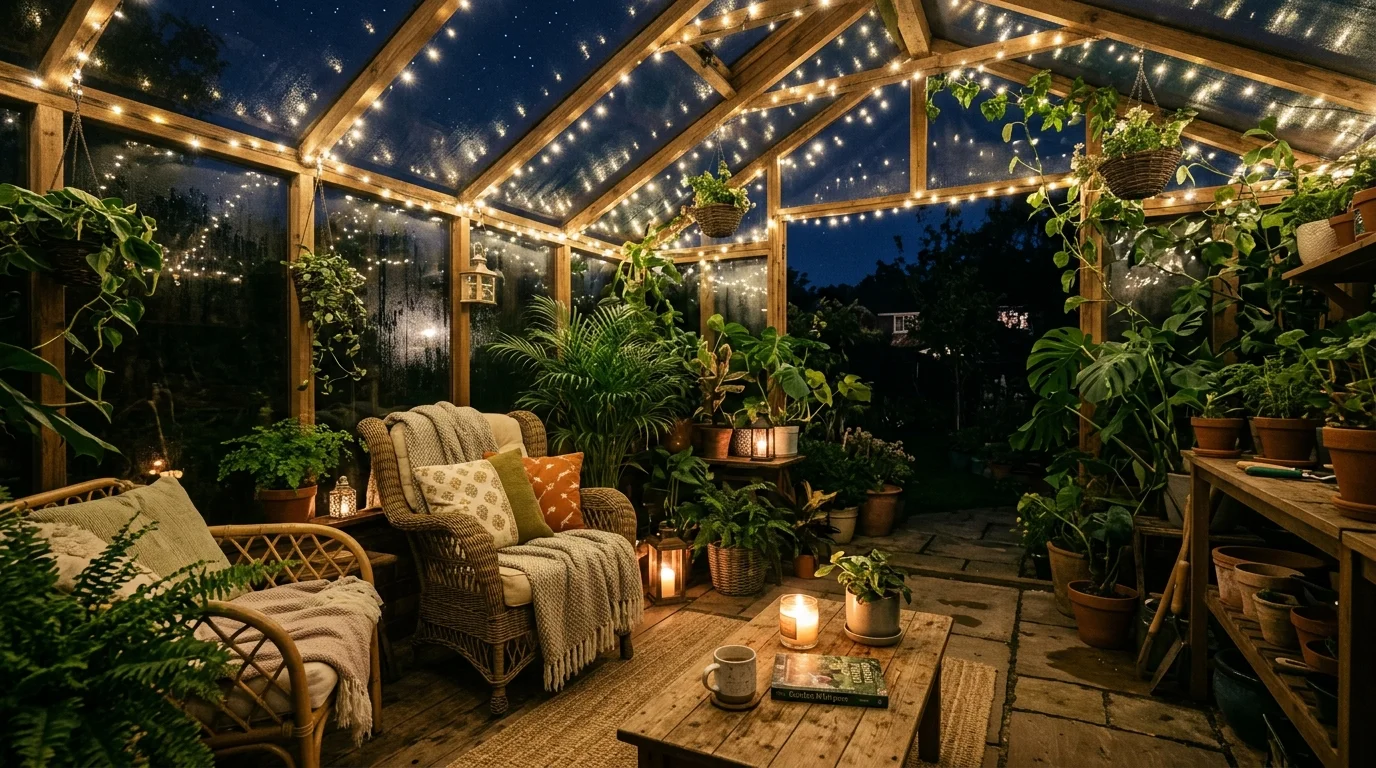 A nighttime relaxation greenhouse with ambient lighting.