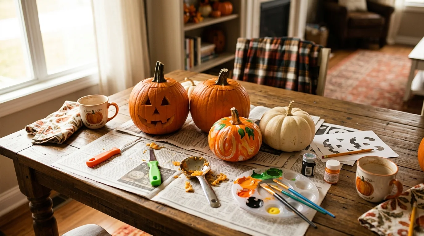 Family Pumpkin Decorating Scene image.