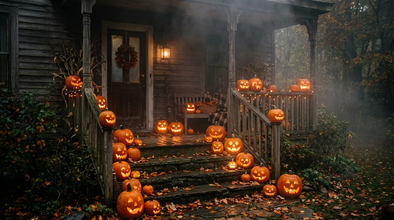 Foggy Porch Pumpkin Scene image.