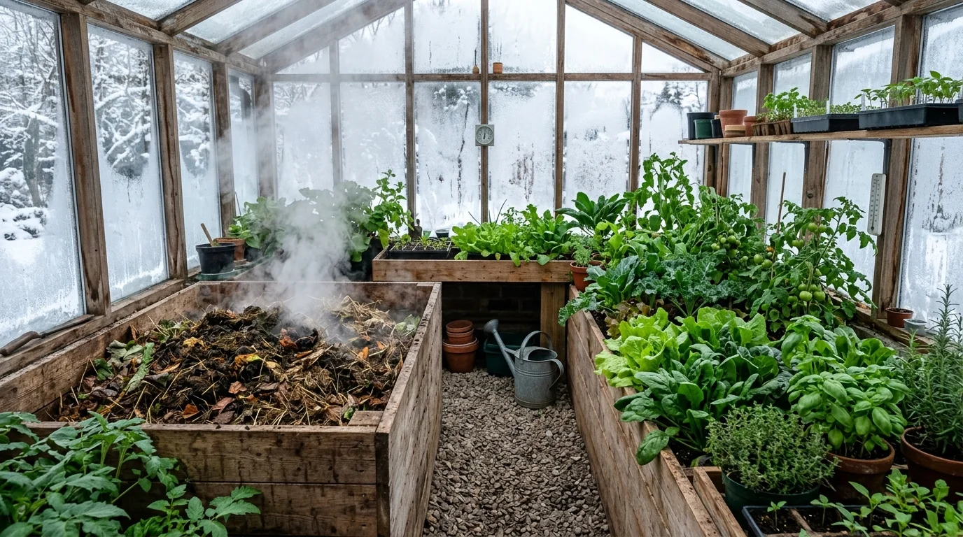 A compost heat system providing natural warmth inside a greenhouse.
