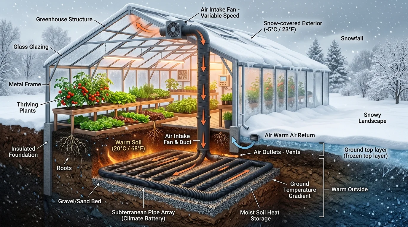 Underground heat storage keeping greenhouse temperatures stable.