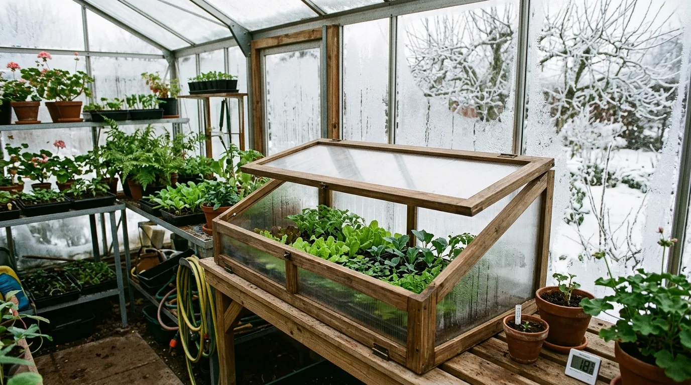A cold frame inside a greenhouse adding extra protection.