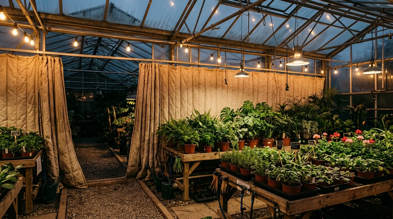 Insulated curtain dividers helping retain greenhouse heat.