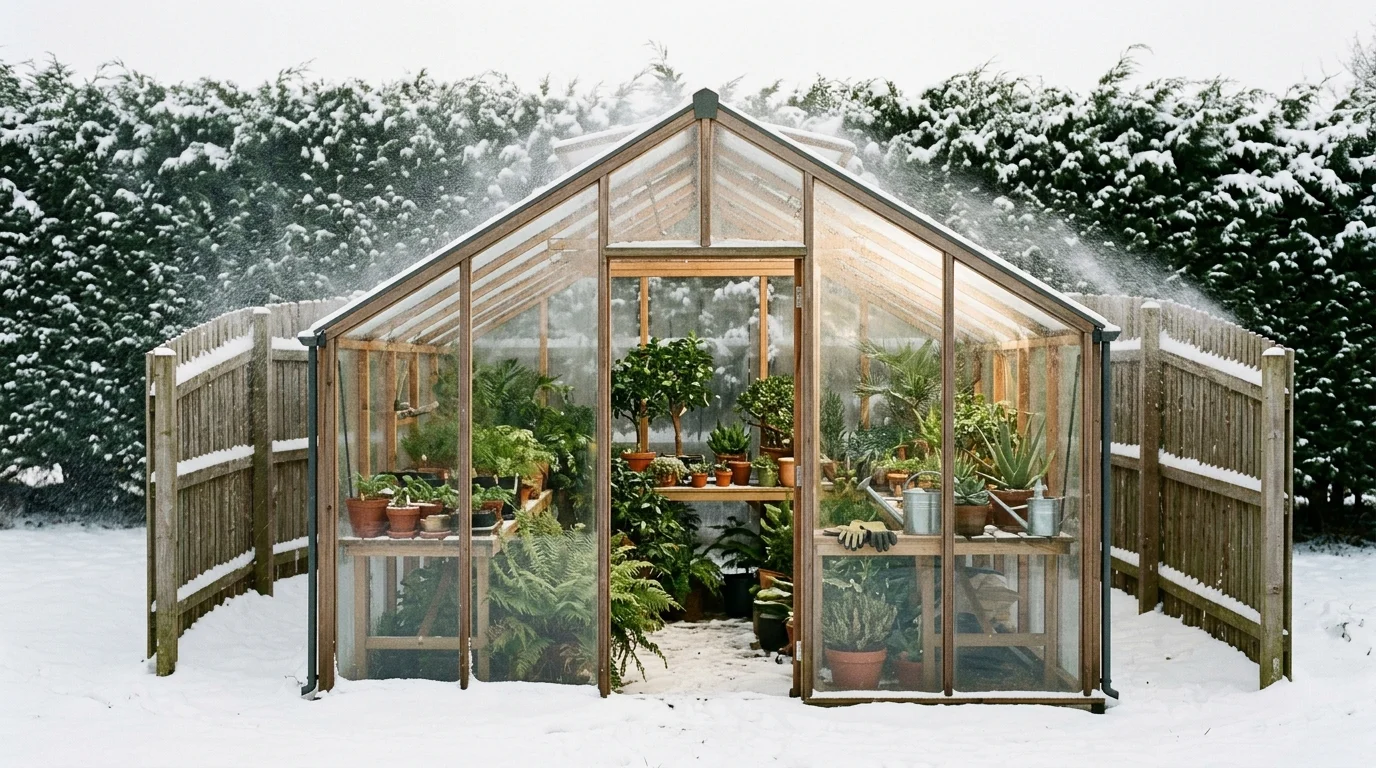 Wind protection barriers shielding a greenhouse from cold gusts.