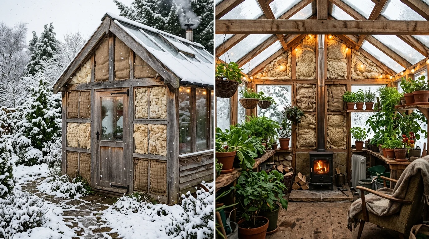 Natural fiber insulation lining a greenhouse wall.