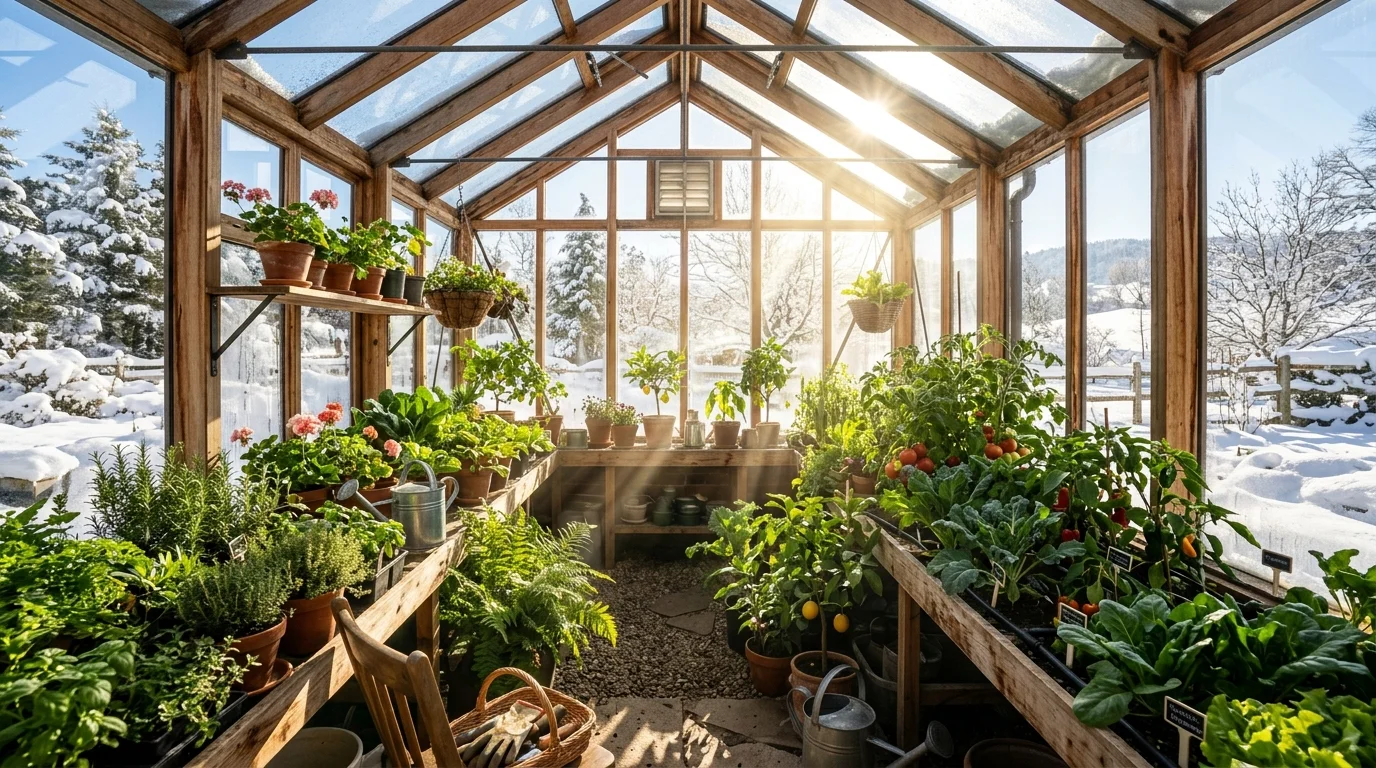 A passive solar greenhouse capturing winter light.