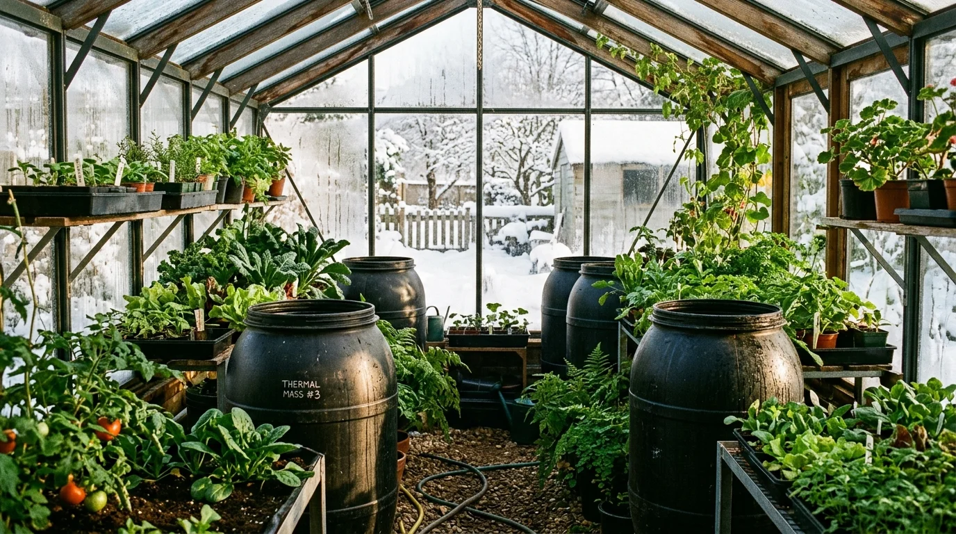 Thermal mass water barrels storing heat in a greenhouse.