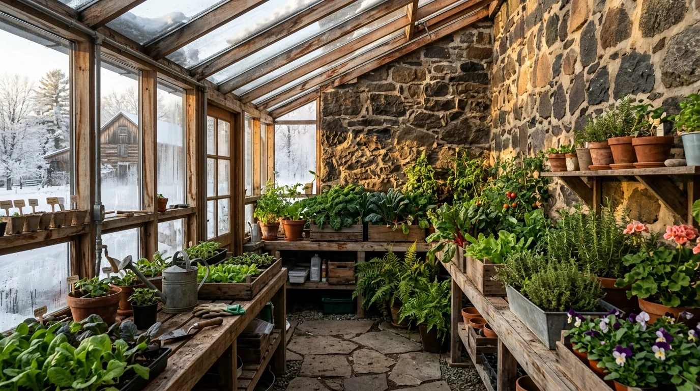 A stone thermal mass wall anchoring greenhouse temperature.