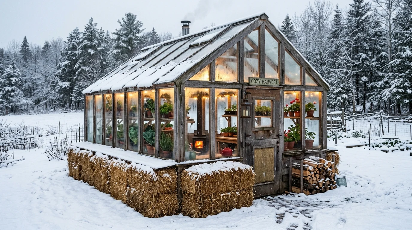 Straw bale insulation protecting a greenhouse wall.
