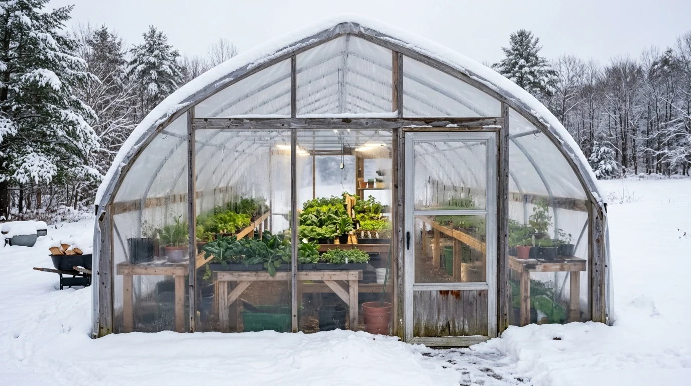Double layer plastic covering improving greenhouse insulation.