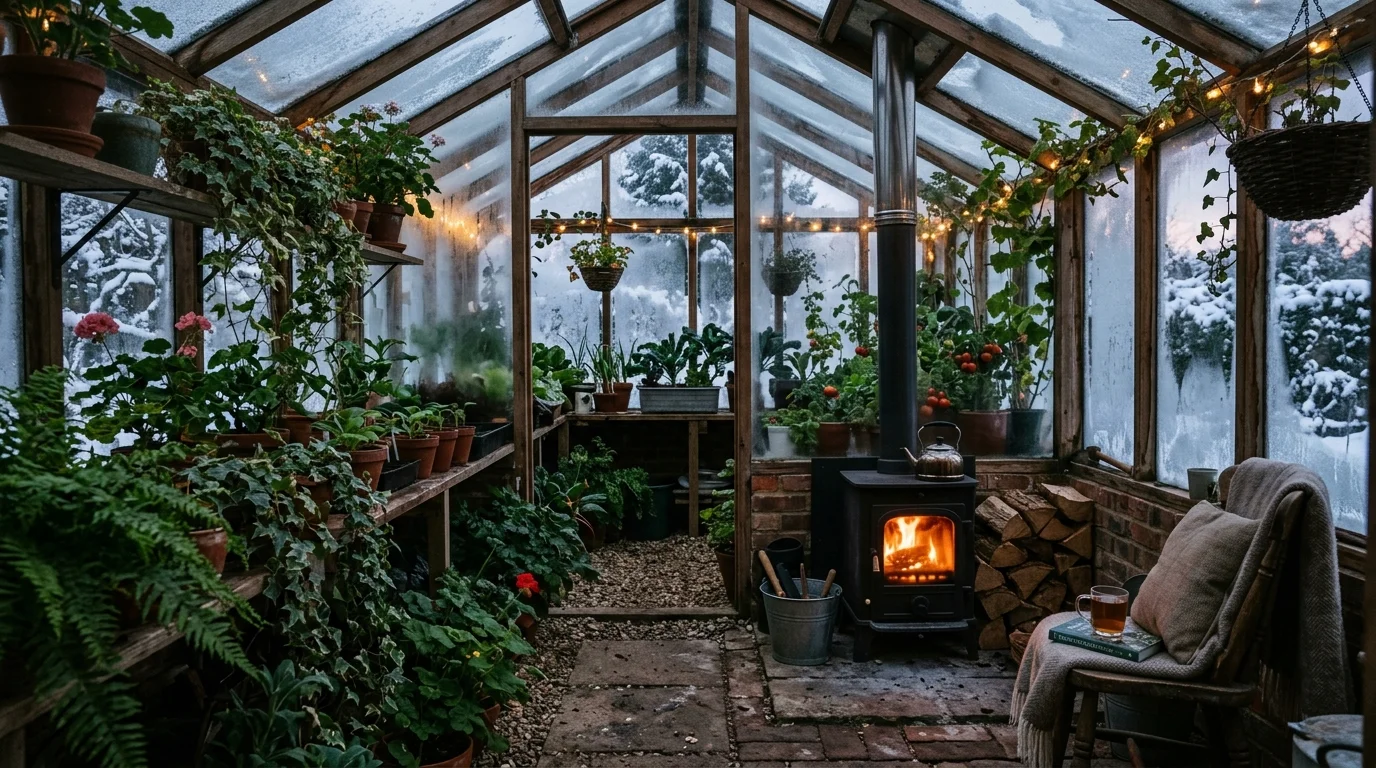 A small wood stove heating a winter greenhouse.
