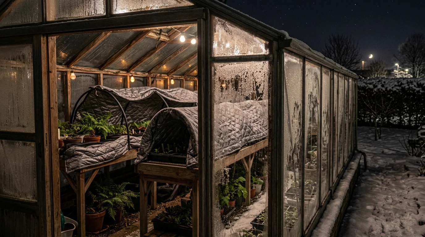 Thermal blanket covers keeping greenhouse beds warm.