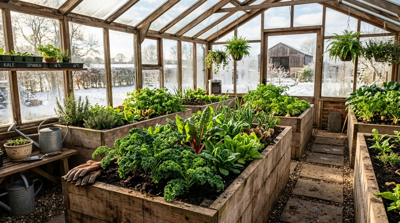 Raised beds improving heat retention in a greenhouse.