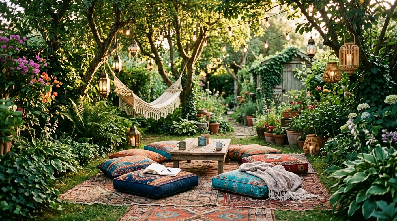A boho garden lounge with layered textures and relaxed seating.