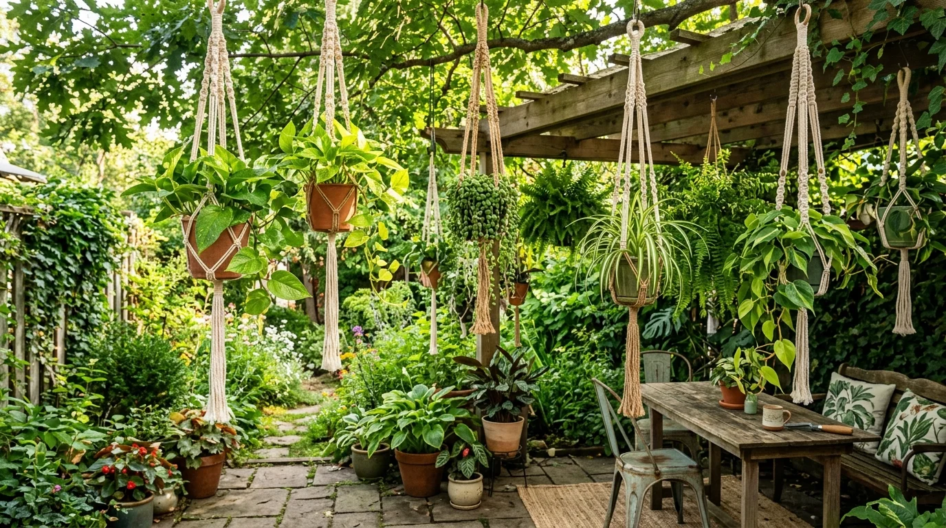 Hanging plants creating a lush, layered garden canopy.