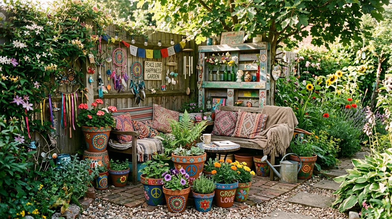 An artistic DIY garden corner with creative decor.