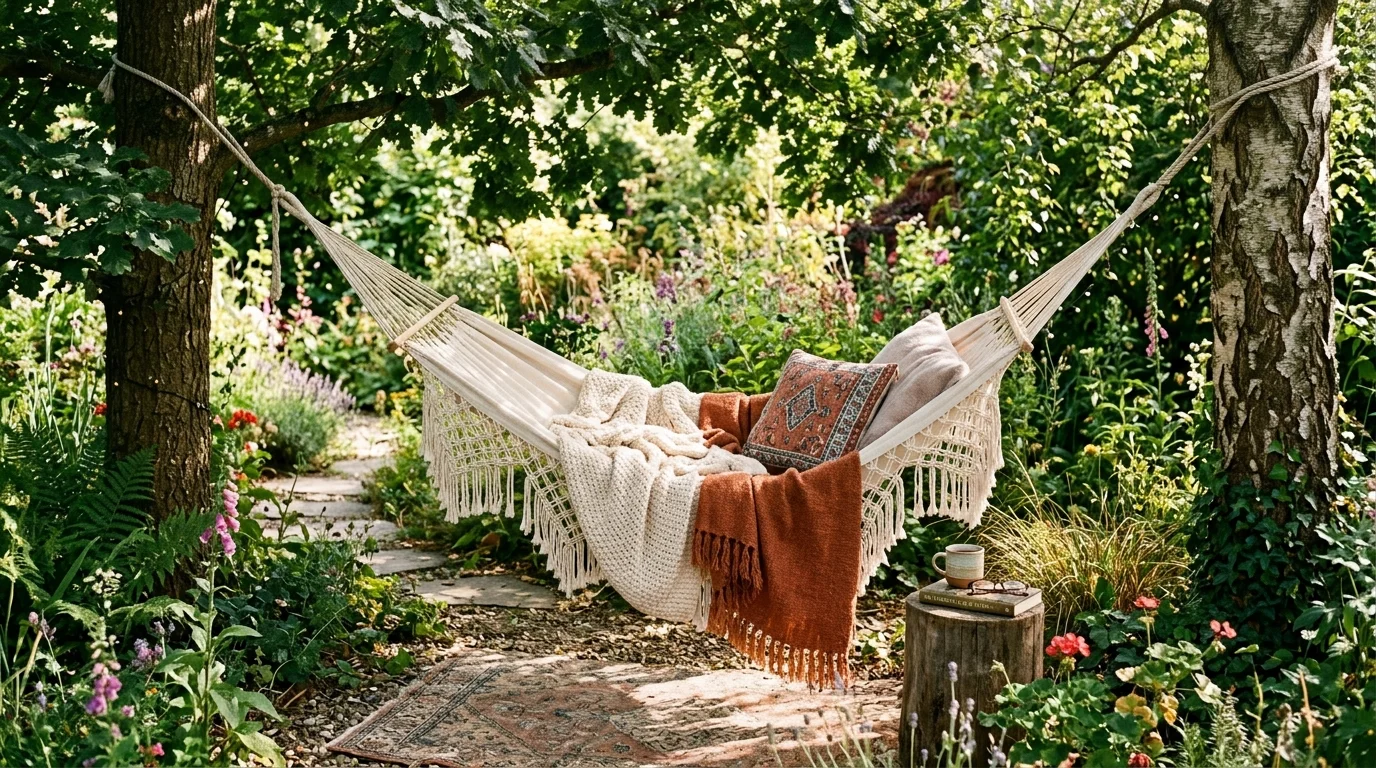 A macrame and hammock corner for a hippie-style garden.
