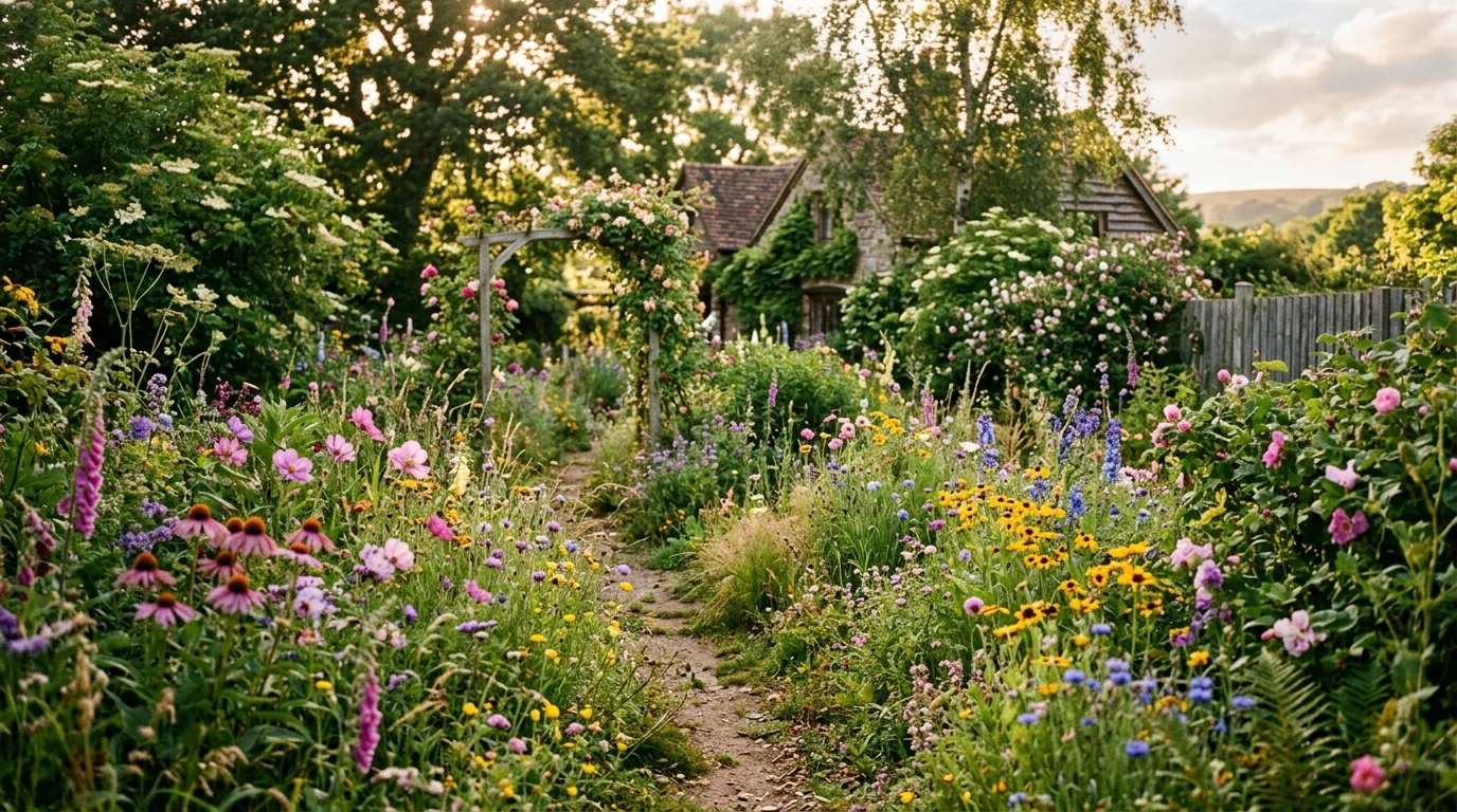 A wildflower garden path with a natural flow.