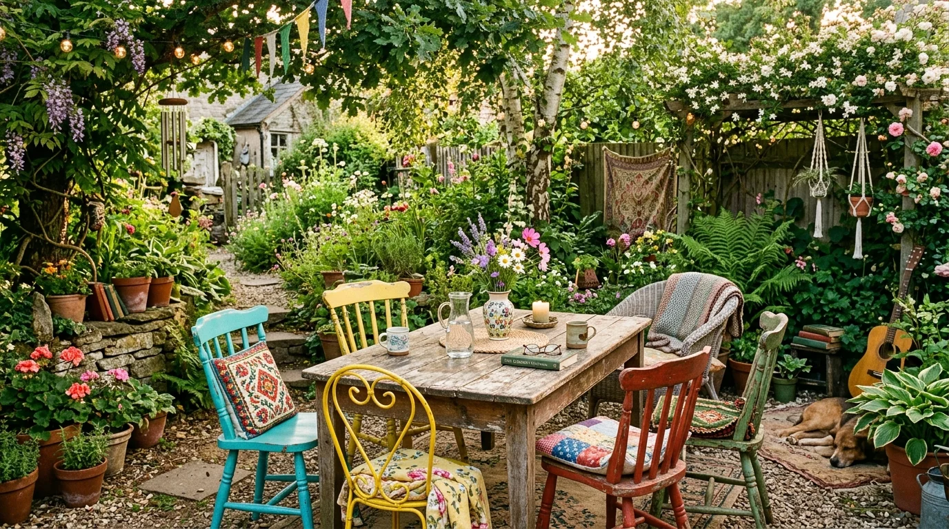 Vintage furniture arranged in a hippie garden setup.