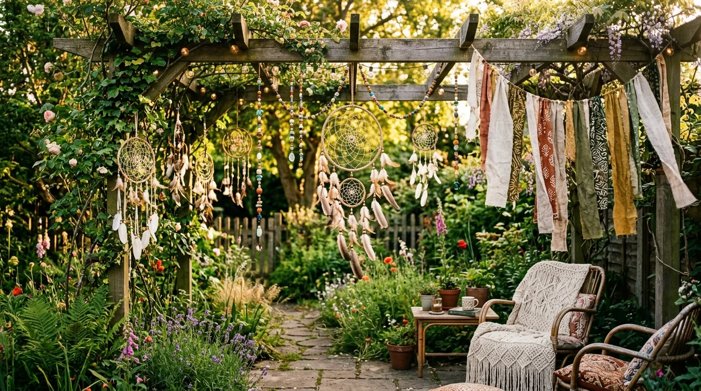 Dreamcatcher decor in a relaxed garden setting.