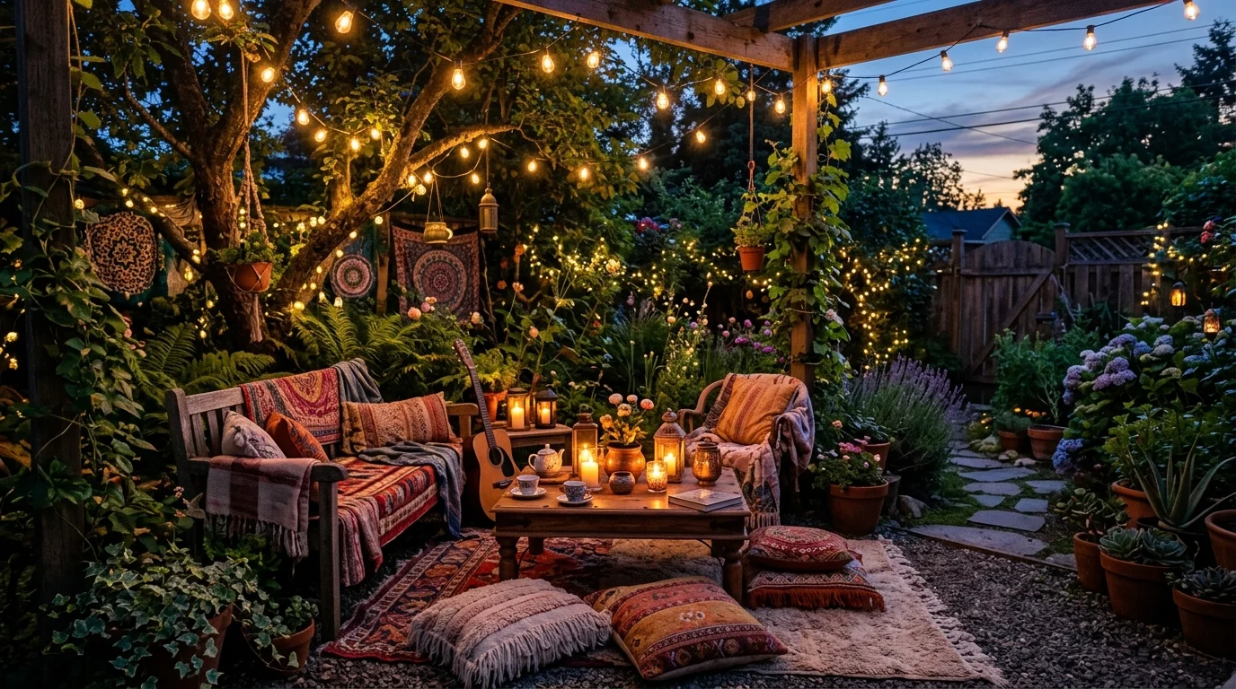 Fairy lights creating a warm evening garden ambiance.