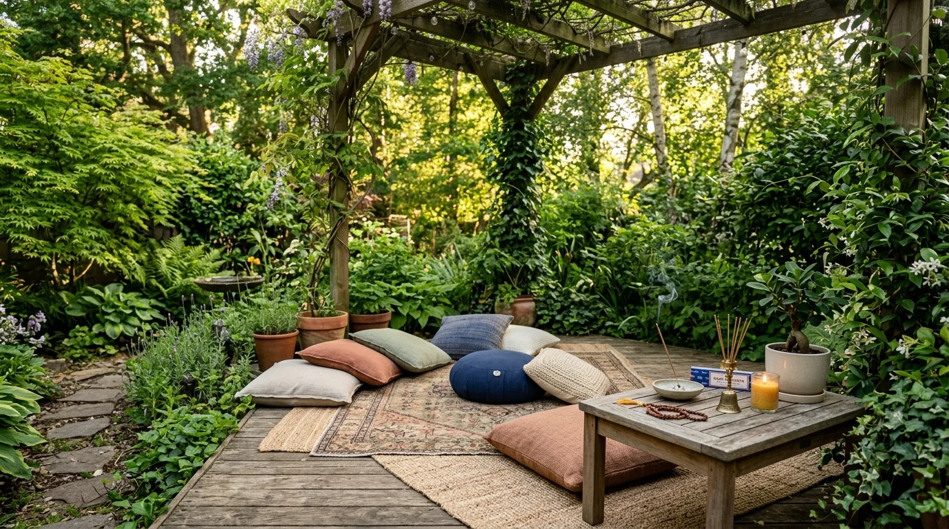 An outdoor meditation space with calming styling.