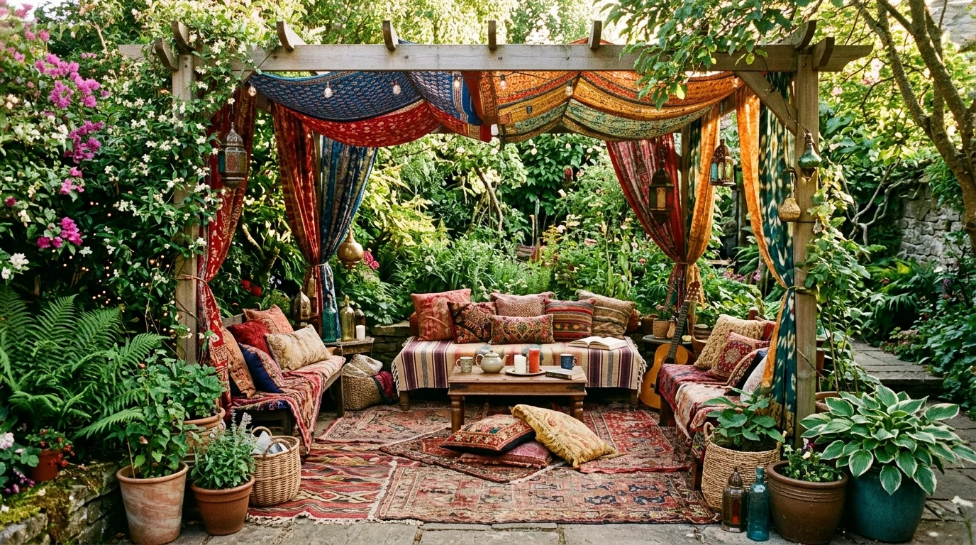 Colorful textiles adding energy to a garden lounge.