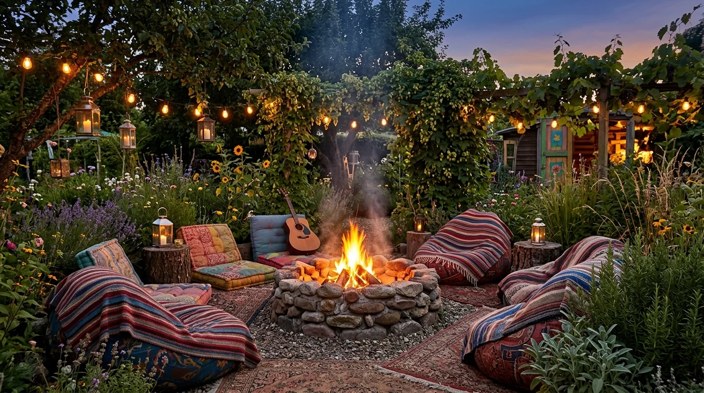 A rustic fire pit gathering in a hippie-inspired yard.