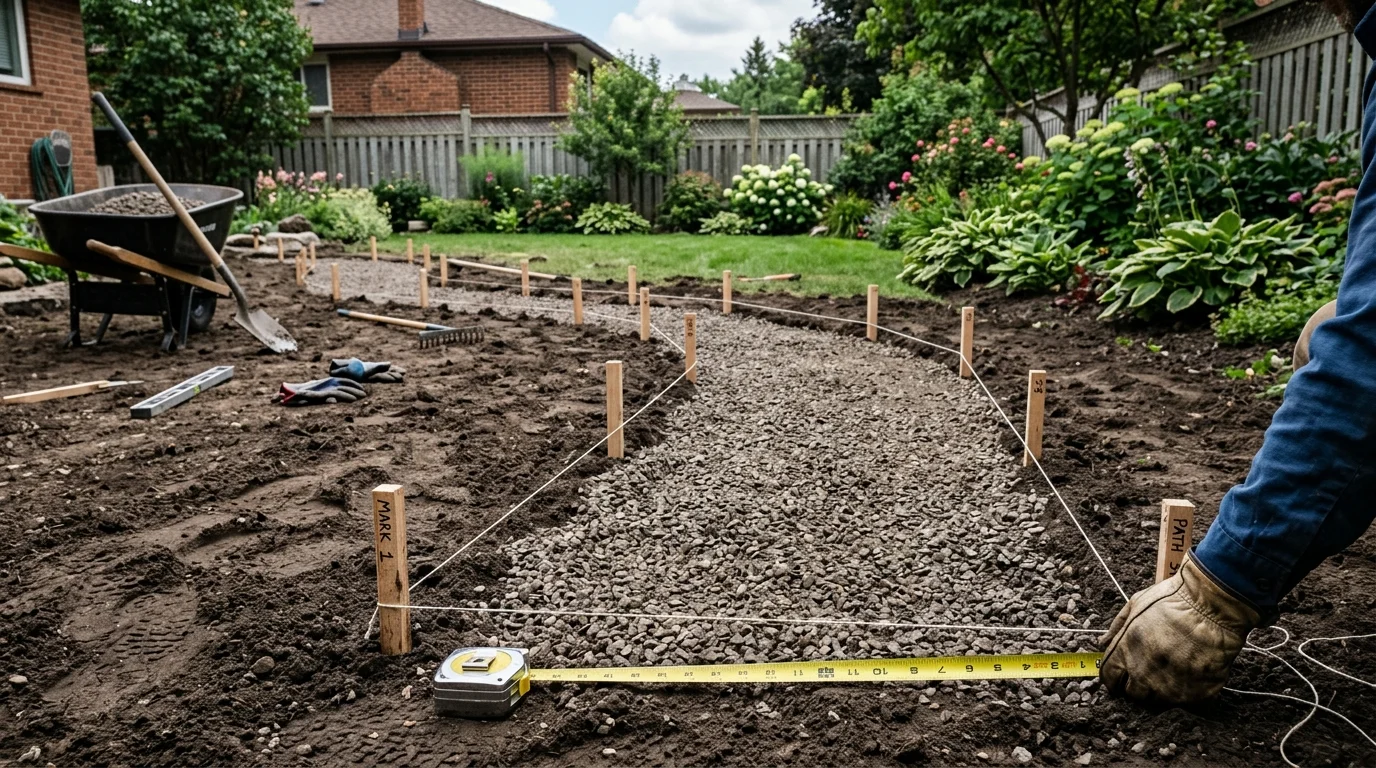 A planned garden gravel pathway layout marked clearly before installation begins.