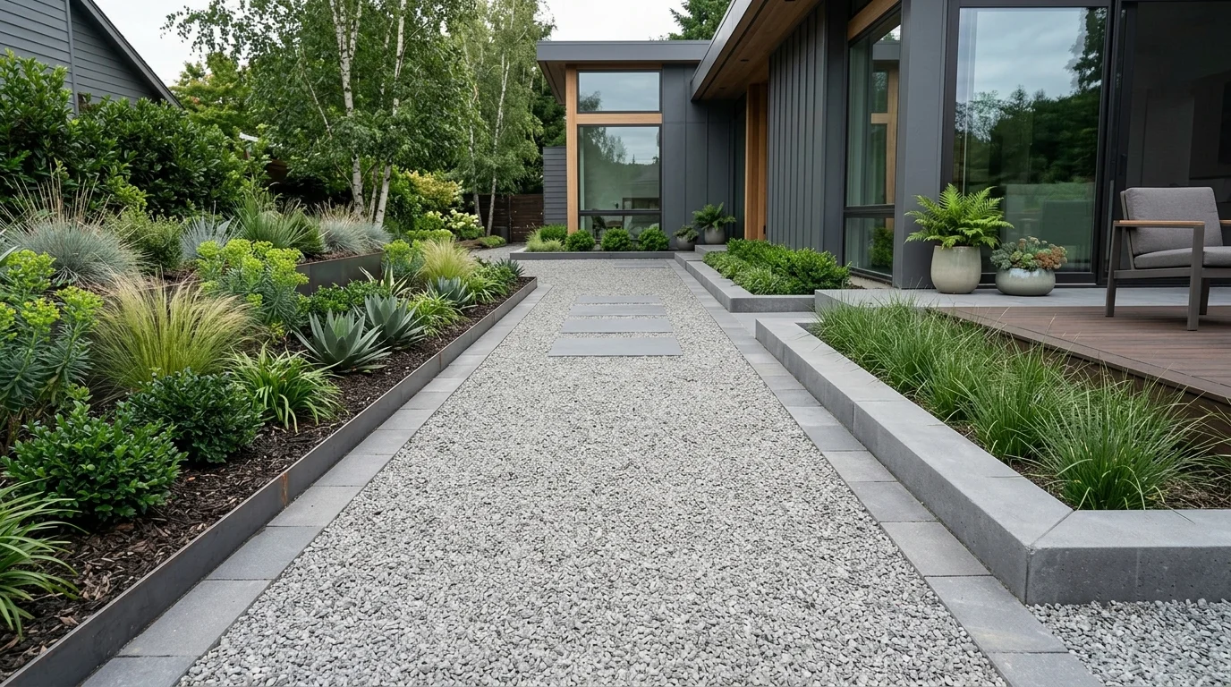 A minimalist modern gravel path with crisp lines and a clean finish.