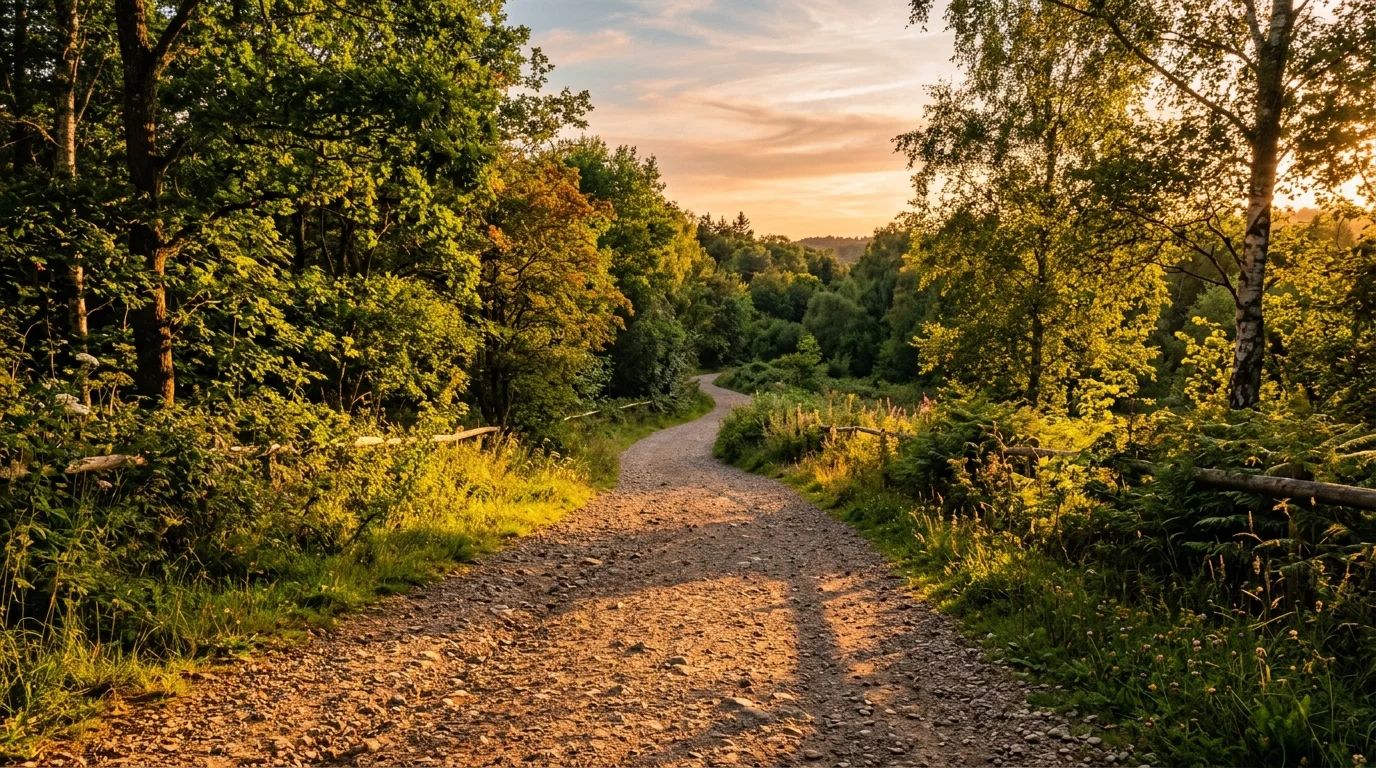 A gravel path glowing in golden hour light.