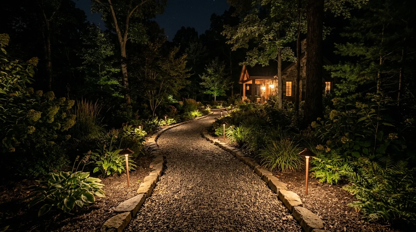 A gravel garden path with nighttime lighting.