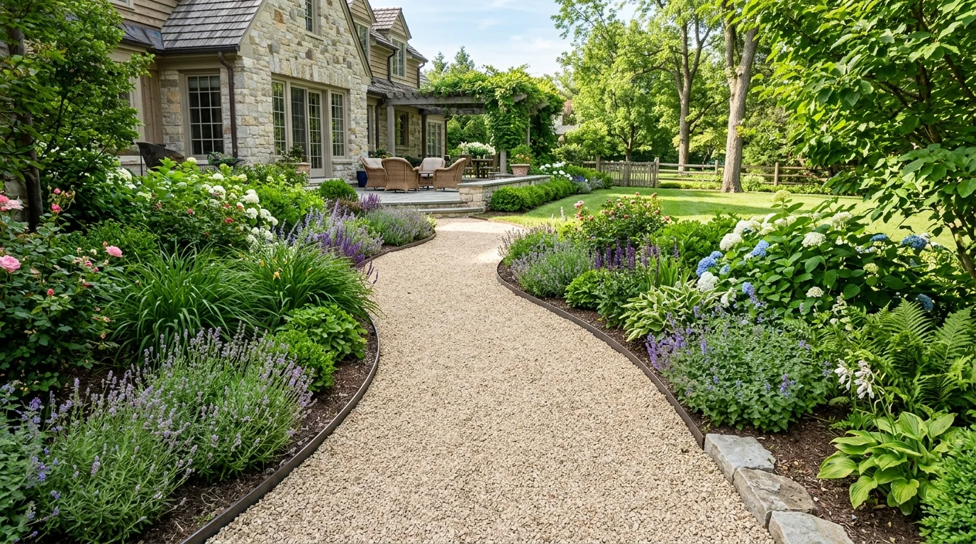 A finished gravel pathway with a polished professional appearance.