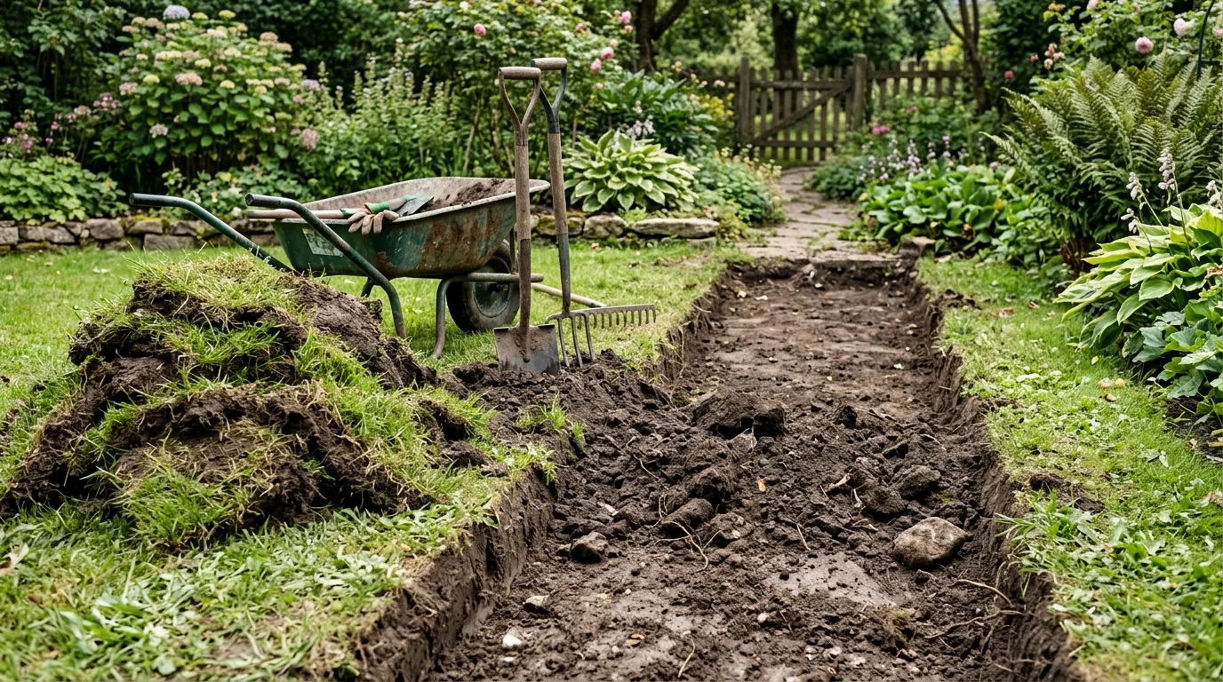 Ground preparation for a gravel path with the route clearly excavated.